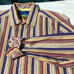Robert Graham classic fit mens L purple red striped flip cuffs long sleeve sport